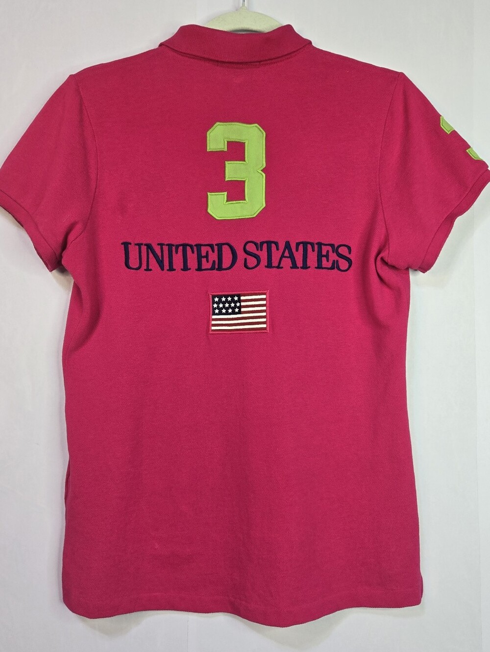 POLO Big Pony By Ralph Lauren Size L, USA Flag, Hot Pink #3 On Back & Sleeve - Picture 7 of 10